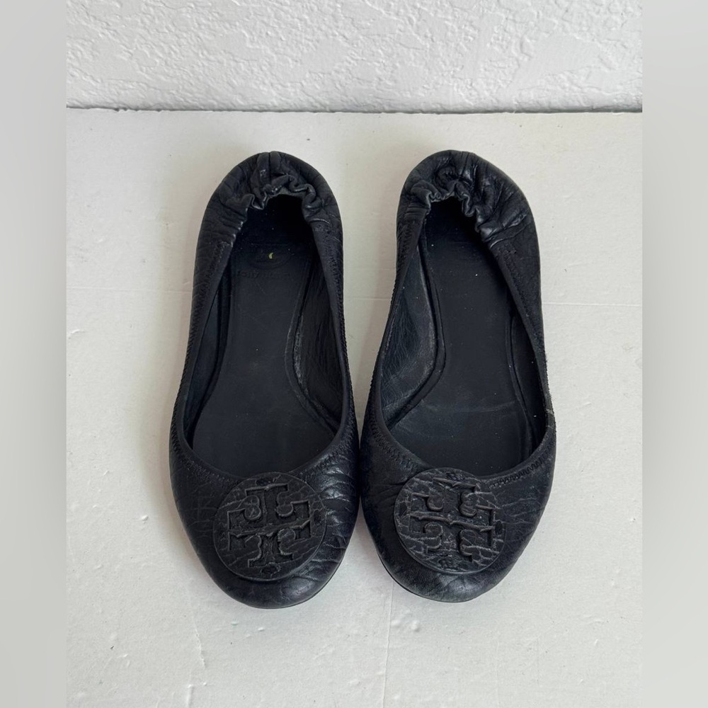 Tory Burch Black Pebbled Leather Ballet Logo Flat Women’s Size 6